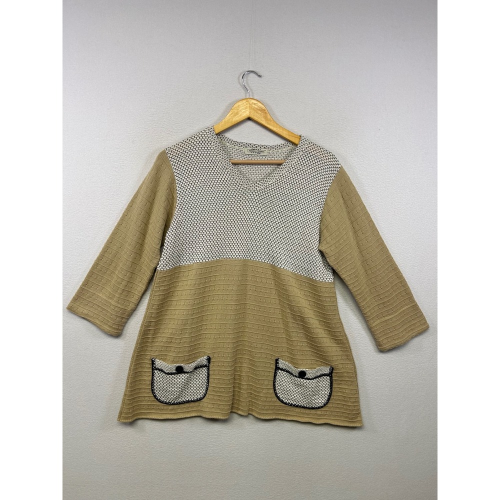 Lagenlook Margaret Winters Women Small Tan Colorblock Knit V-Neck Tunic Sweater